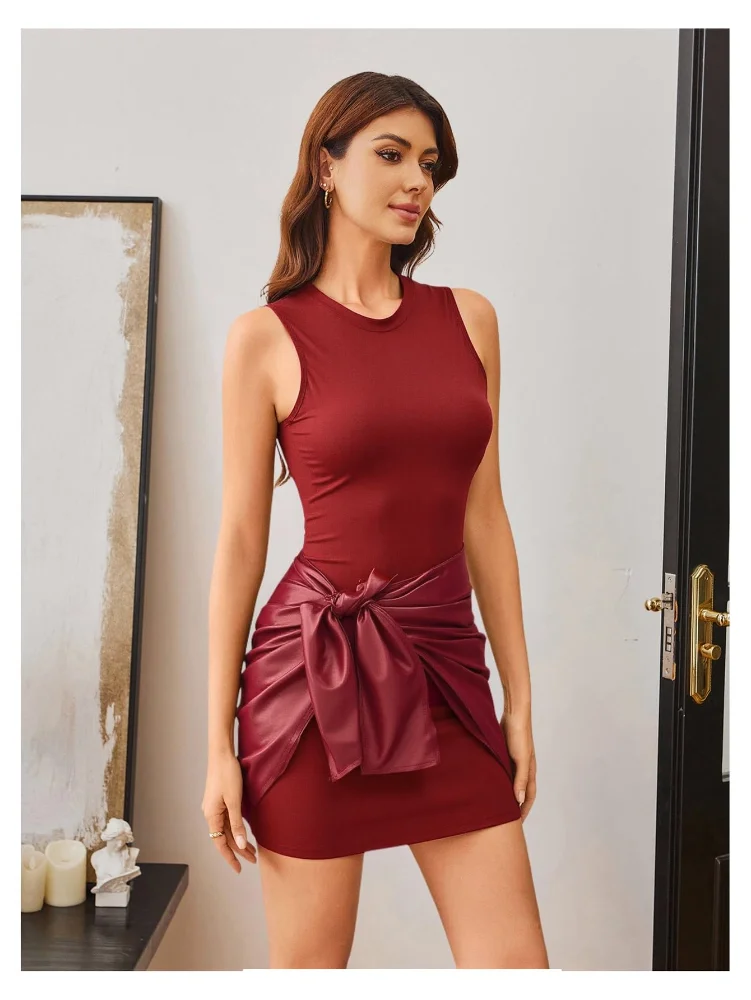 MAKEMECHIC Crew Neck Sleeveless Leather Dress in Burgundy, view 3