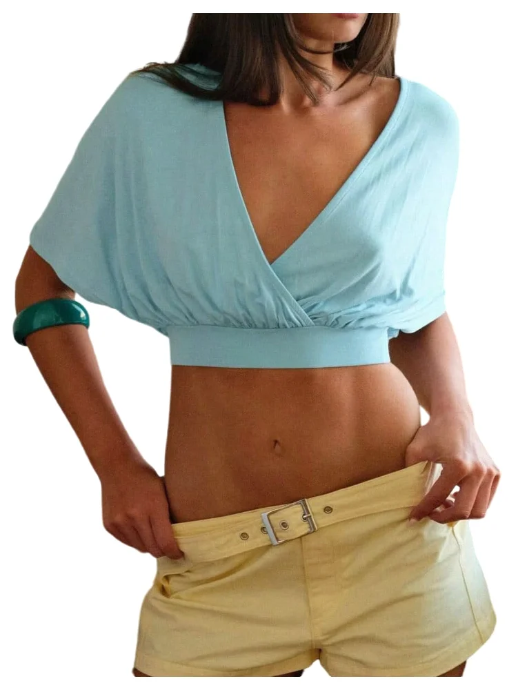 MAKEMECHIC Wrap Deep V-Neck Crop Top, short sleeve