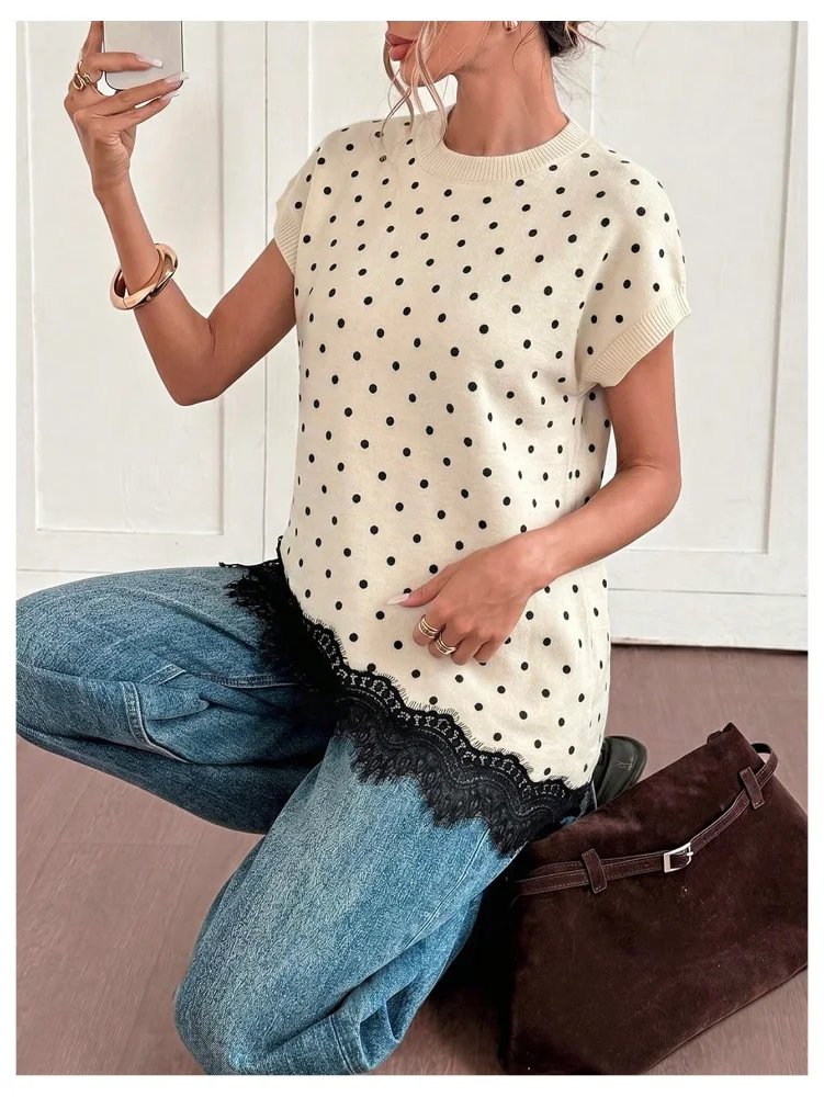 MAKEMECHIC Polka Dot Lace Trim Sweater Vest, view 2