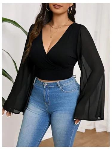MAKEMECHIC Wrap V-Neck Bell Crop Top, view 3