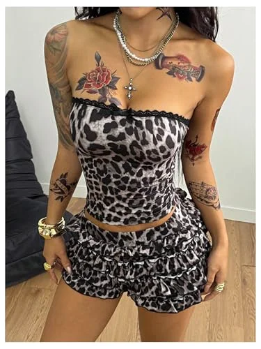 MAKEMECHIC Leopard Strapless Tube Shorts Set, view 3