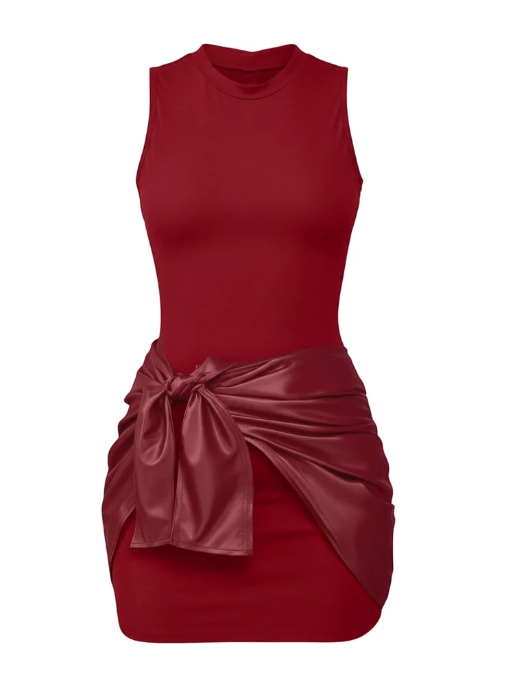 MAKEMECHIC Crew Neck Sleeveless Leather Dress in Burgundy