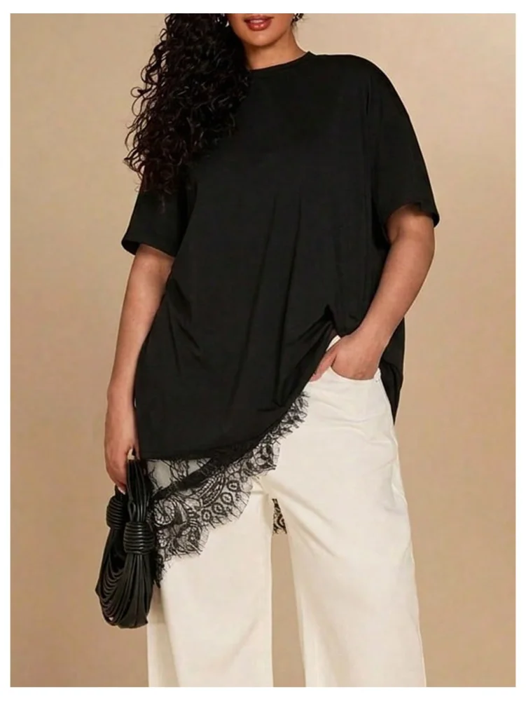 MAKEMECHIC Lace Asymmetrical Crewneck Dress, view 3