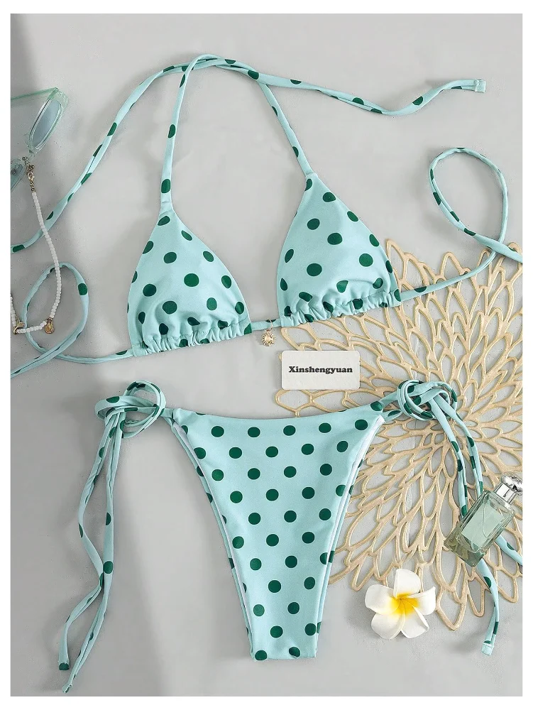 MAKEMECHIC Polka Dot Triangle Tie Bikini Set, view 3