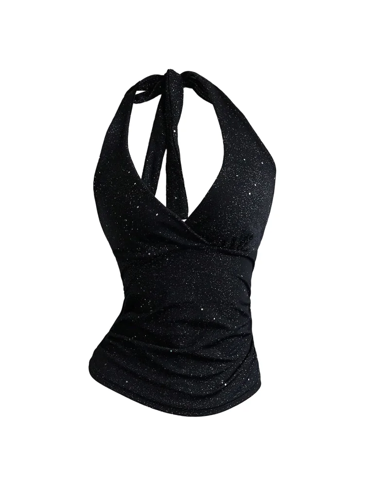 MAKEMECHIC Sparkly Sequin Backless Halter Top