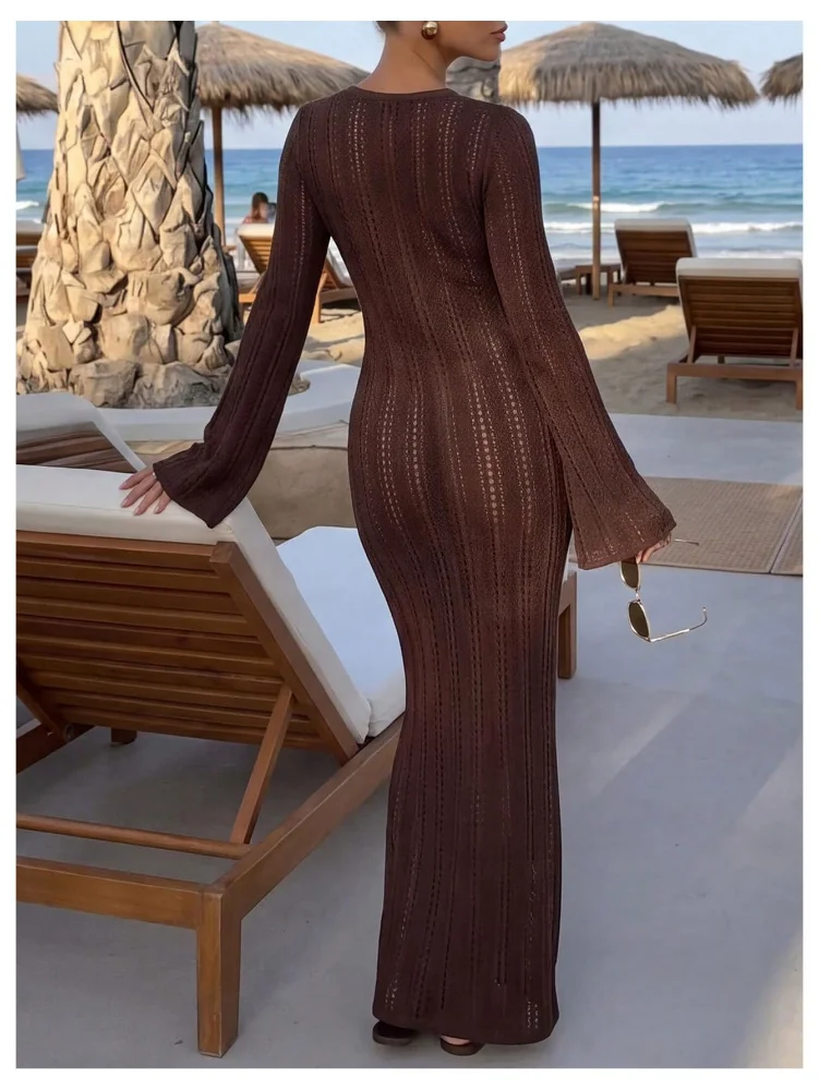 MAKEMECHIC Crochet Long Sleeve Maxi Beach Cover-Up, view 3