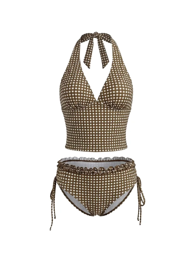 MAKEMECHIC Gingham Ruffle High Waisted Tankini