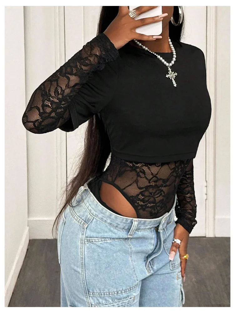 MAKEMECHIC Lace Long Sleeve Sheer Bodysuit, view 2
