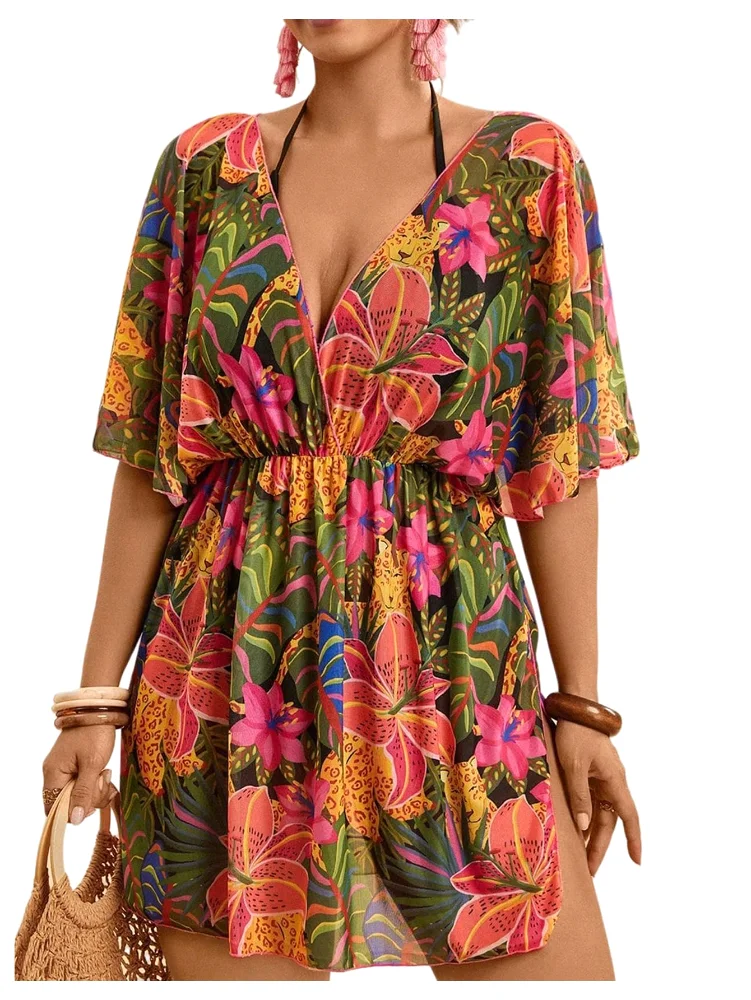 MAKEMECHIC Floral Half Sleeve Beach Cover-Up