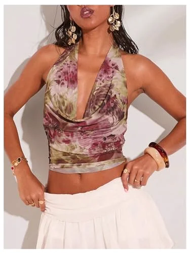 MAKEMECHIC Sheer Mesh Cowl Neck Halter Top, floral, view 3