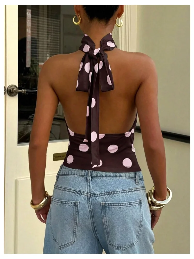 MAKEMECHIC Polka Dot Open Back Cinched Halter Top, view 2