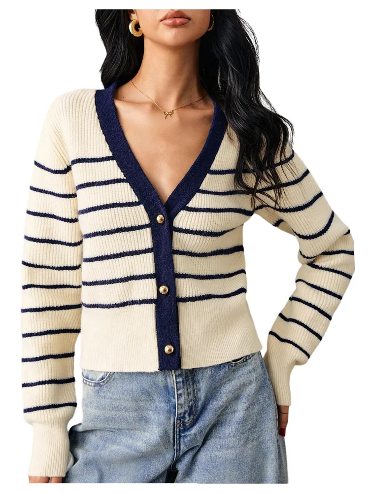MAKEMECHIC Striped V-Neck Button Down Cardigan