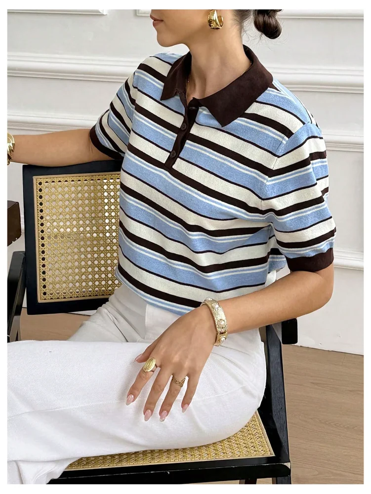 MAKEMECHIC Striped Short Sleeve Collared Sweater in Blue, view 2