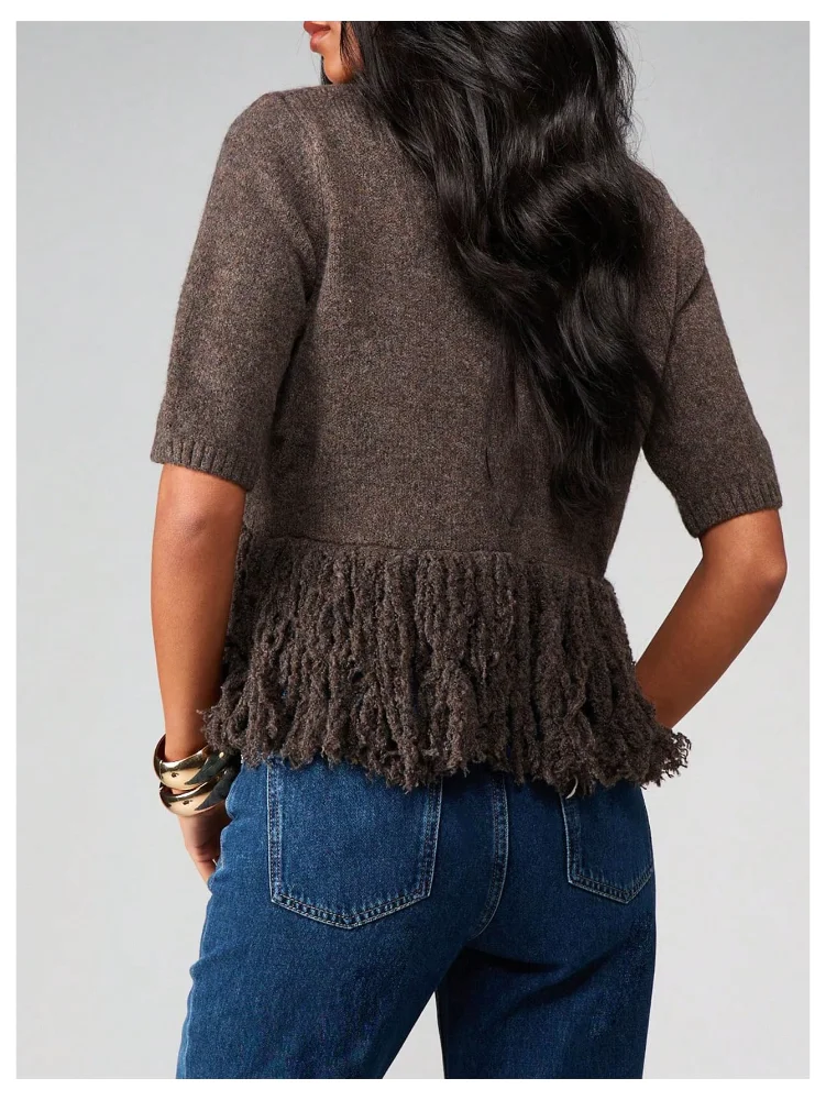MAKEMECHIC Fringe Short Sleeve Lightweight Sweater, view 3