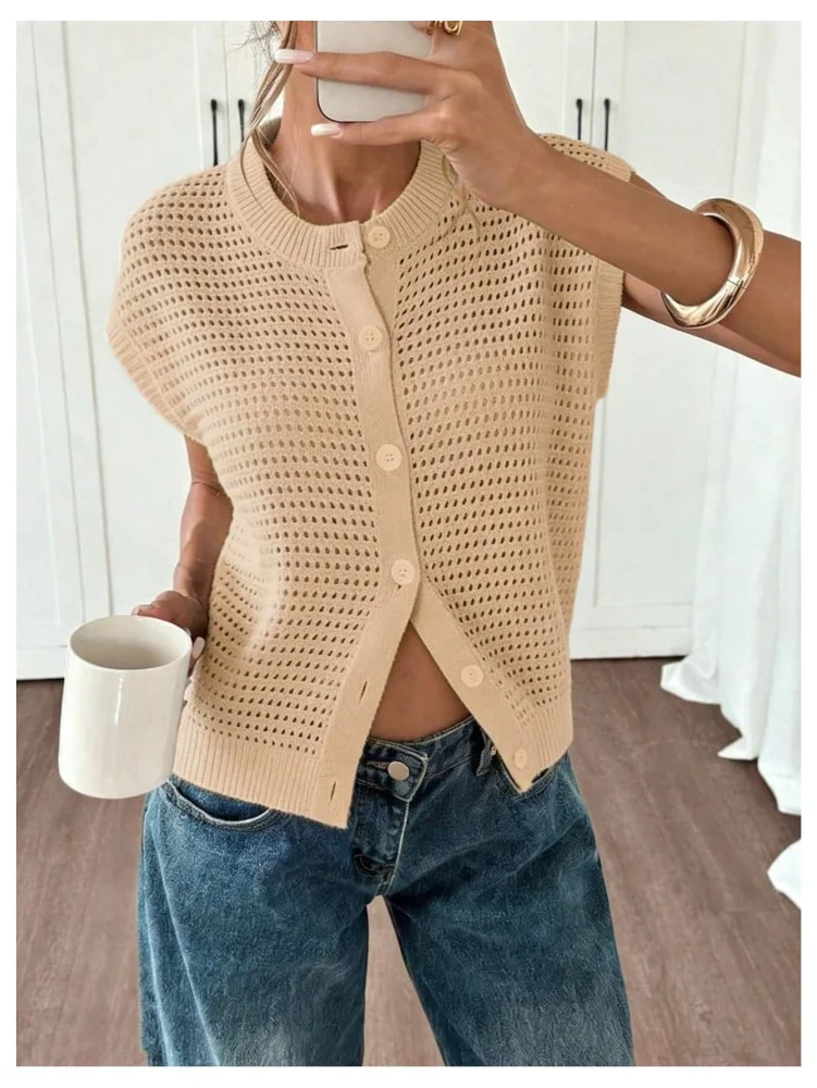 MAKEMECHIC Crochet Short Sleeve Crewneck Sweater, view 3