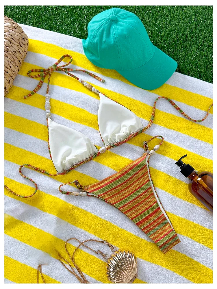 MAKEMECHIC Striped Micro String Bikini Set, view 2