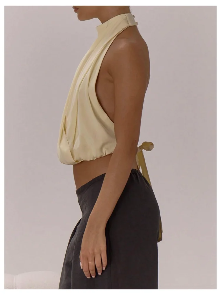 MAKEMECHIC Draped Tie Open Back Halter Top, view 2