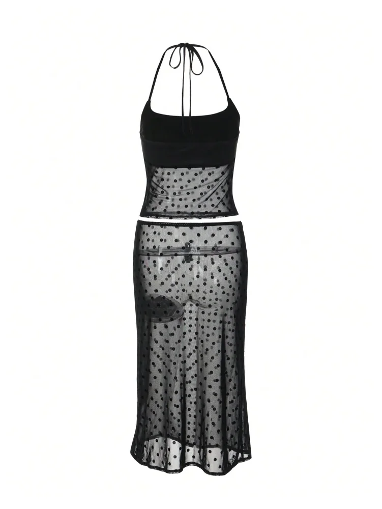 MAKEMECHIC Polka Dot Sheer Midi Two-Piece Set, view 3