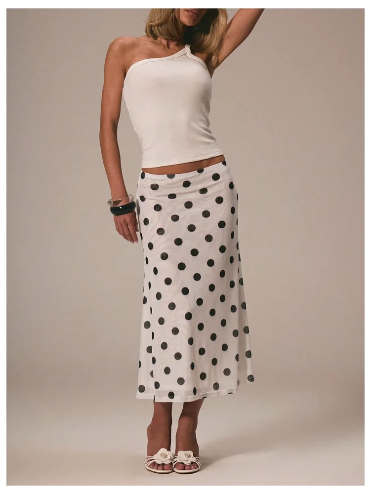MAKEMECHIC Polka Dot Mesh Flowy Midi Skirt, view 3