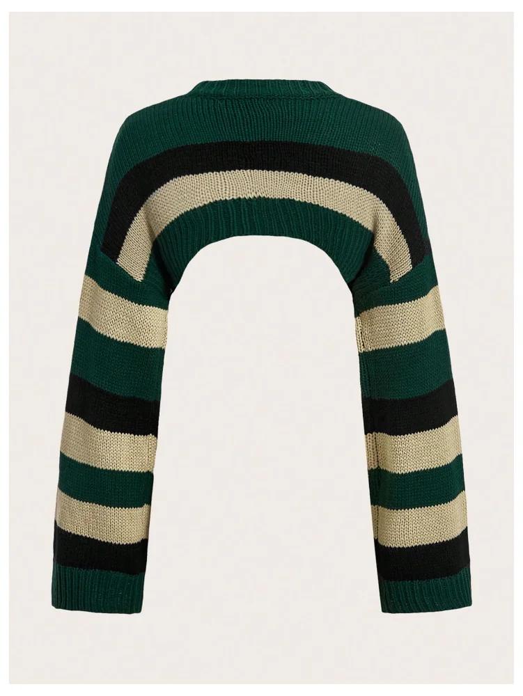 MAKEMECHIC Striped Crop Crew Neck Sweater, view 2