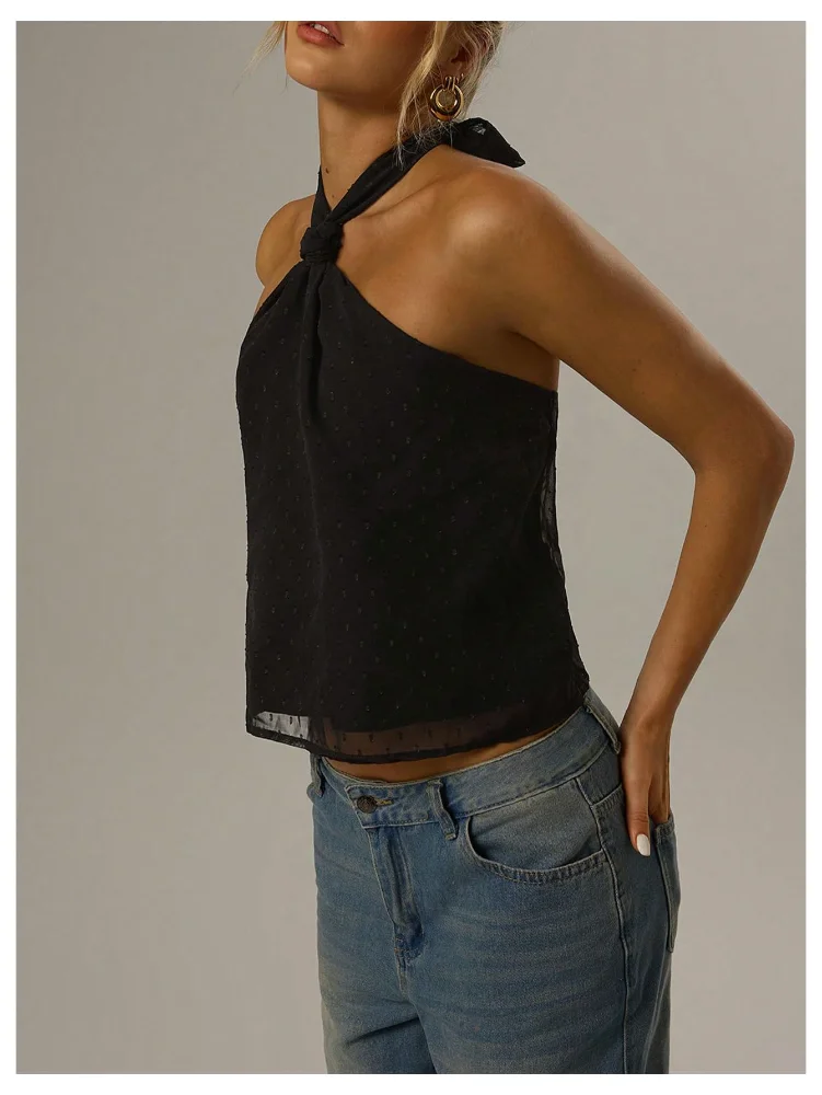 MAKEMECHIC Tie Back Sheer Swiss Dot Halter Top, view 2