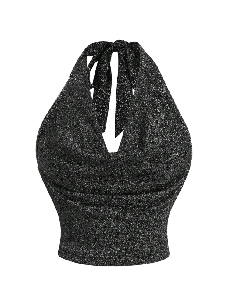 MAKEMECHIC Sparkly Draped Front Halter Top