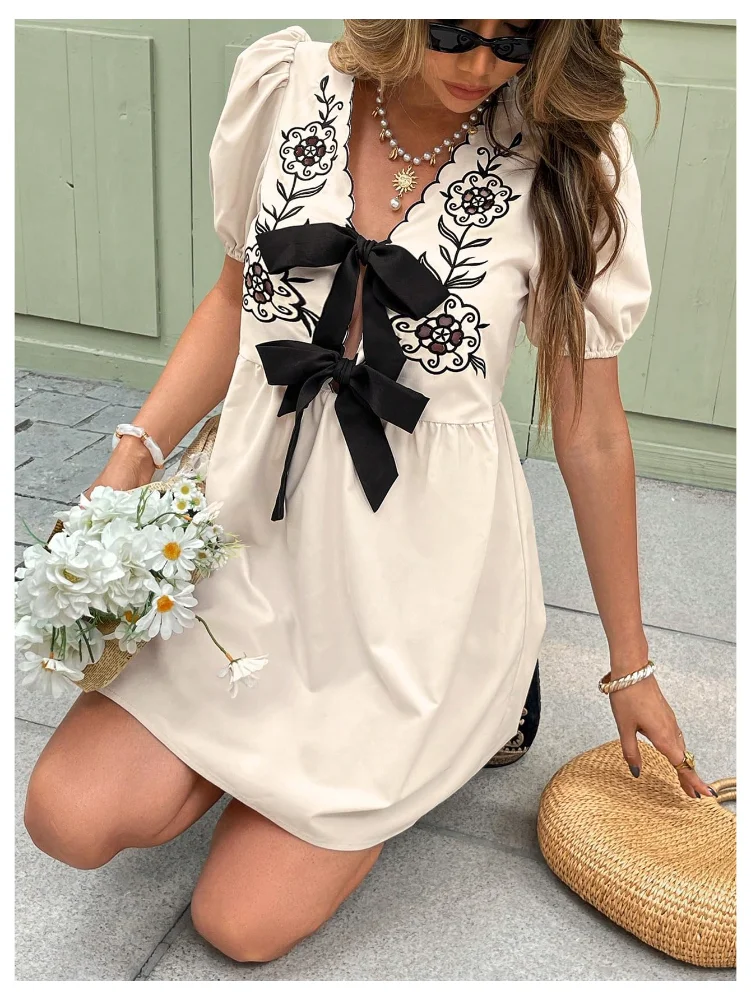MAKEMECHIC Floral Embroidery Bow Mini Dress, view 2