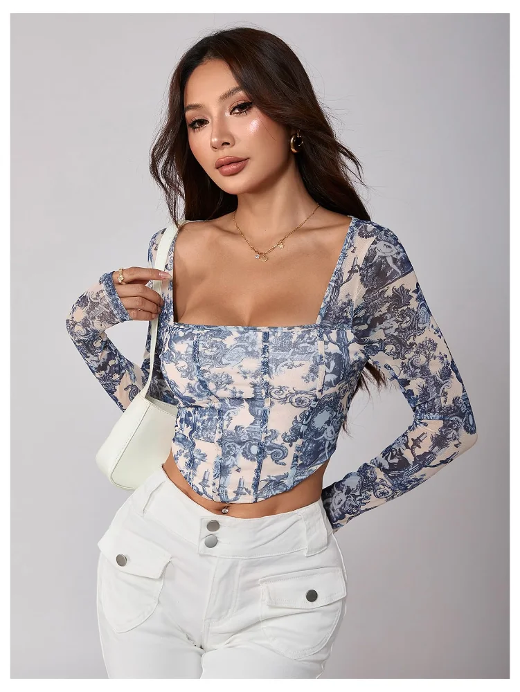 MAKEMECHIC Long Sleeve Graphic Square Neck Corset Top, view 3