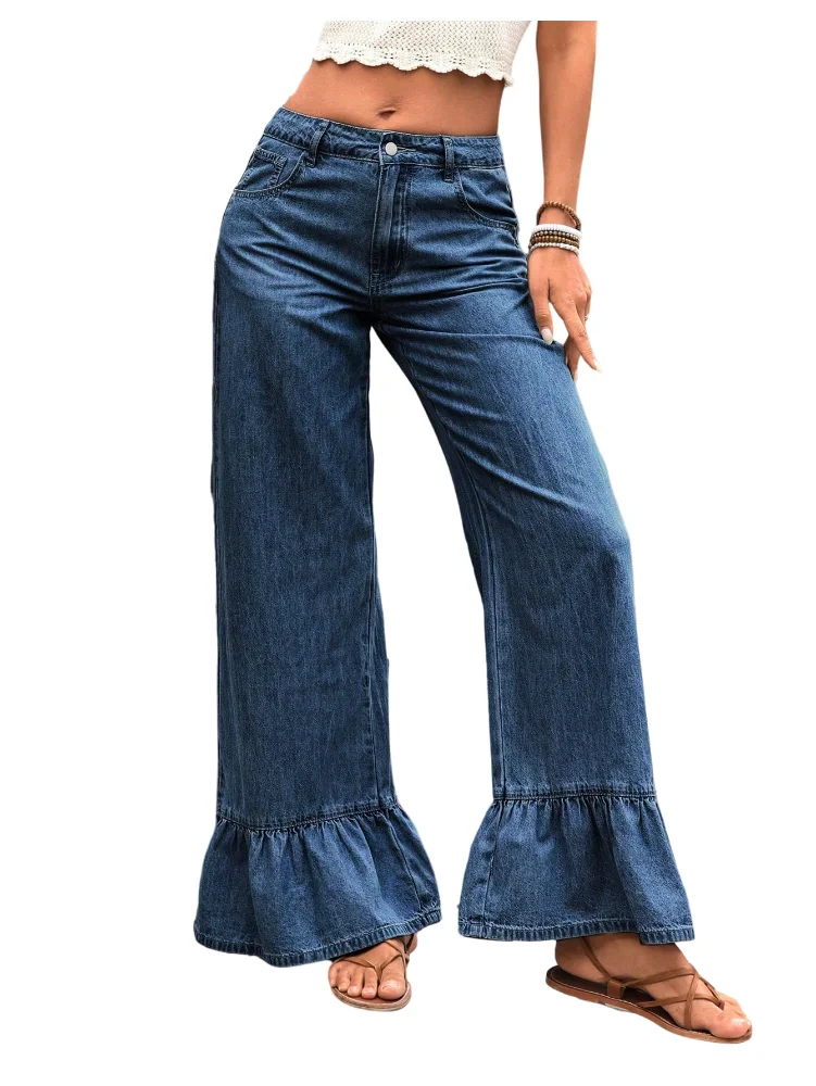 MAKEMECHIC Ruffle Flare Wide Leg Jeans