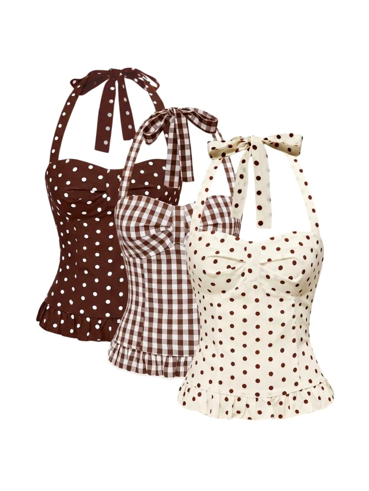 MAKEMECHIC 3 Pack Polka Dot Gingham Halter Top