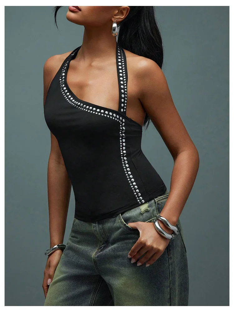 MAKEMECHIC Backless Asymmetrical Grunge Halter Top, view 2
