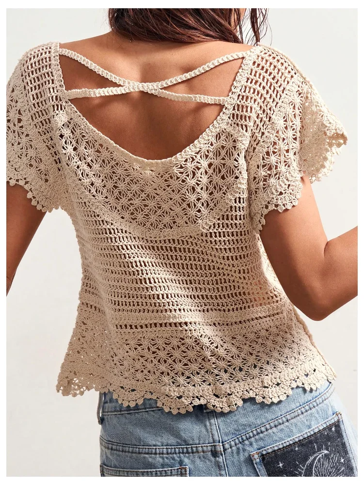 MAKEMECHIC Crochet Hollow Short Sleeve Beach Cover-Up, view 3