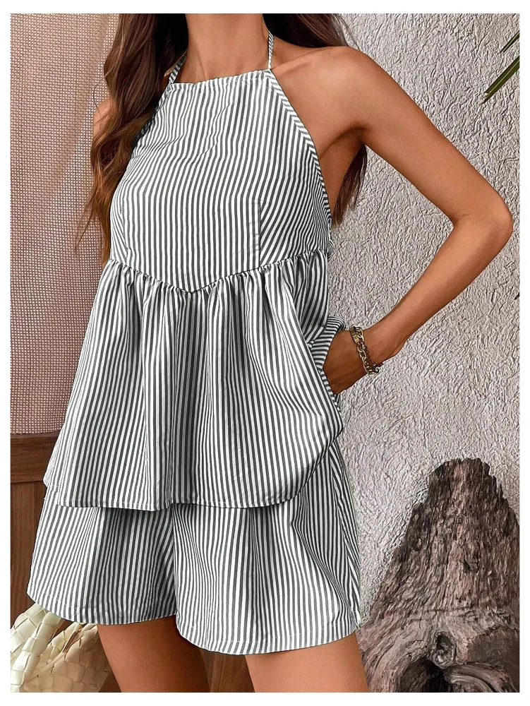 MAKEMECHIC Striped Peplum Wide Leg Two-Piece Set, view 2