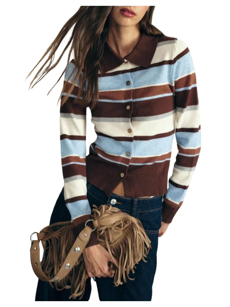 MAKEMECHIC Striped Color Block Button Down Cardigan
