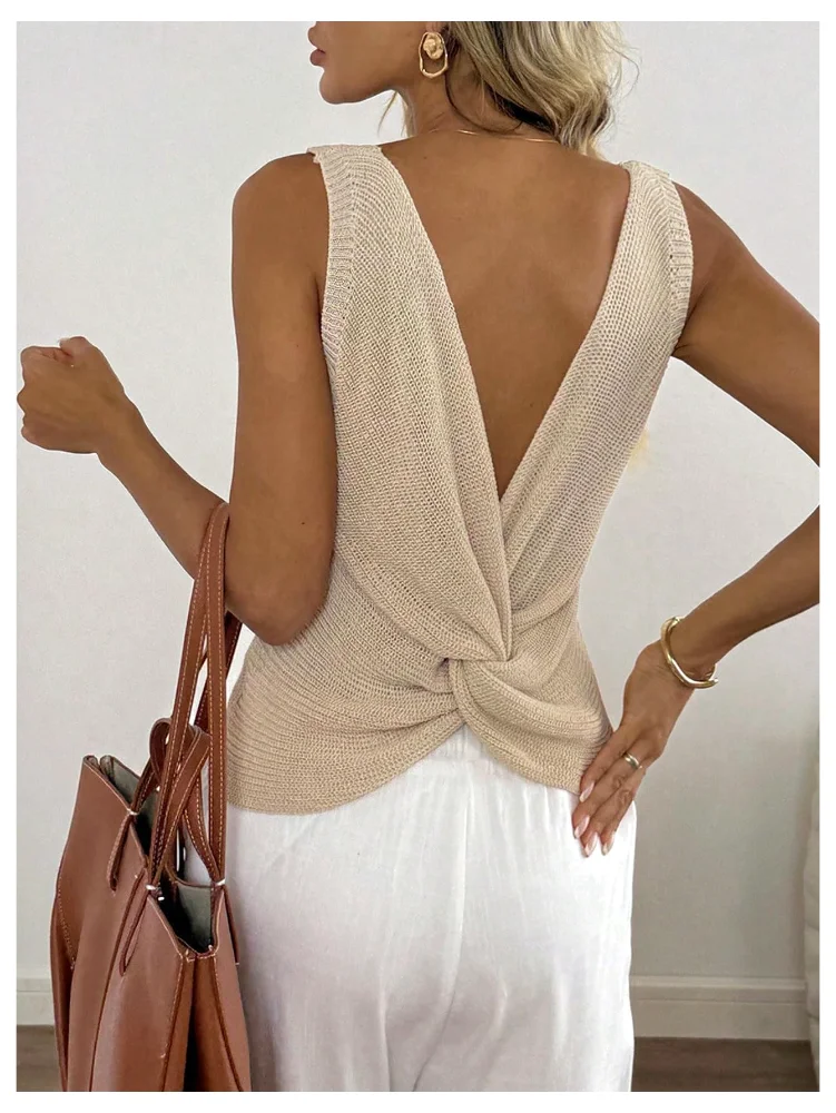 MAKEMECHIC Twist Open Back V-Neck Sweater, view 3