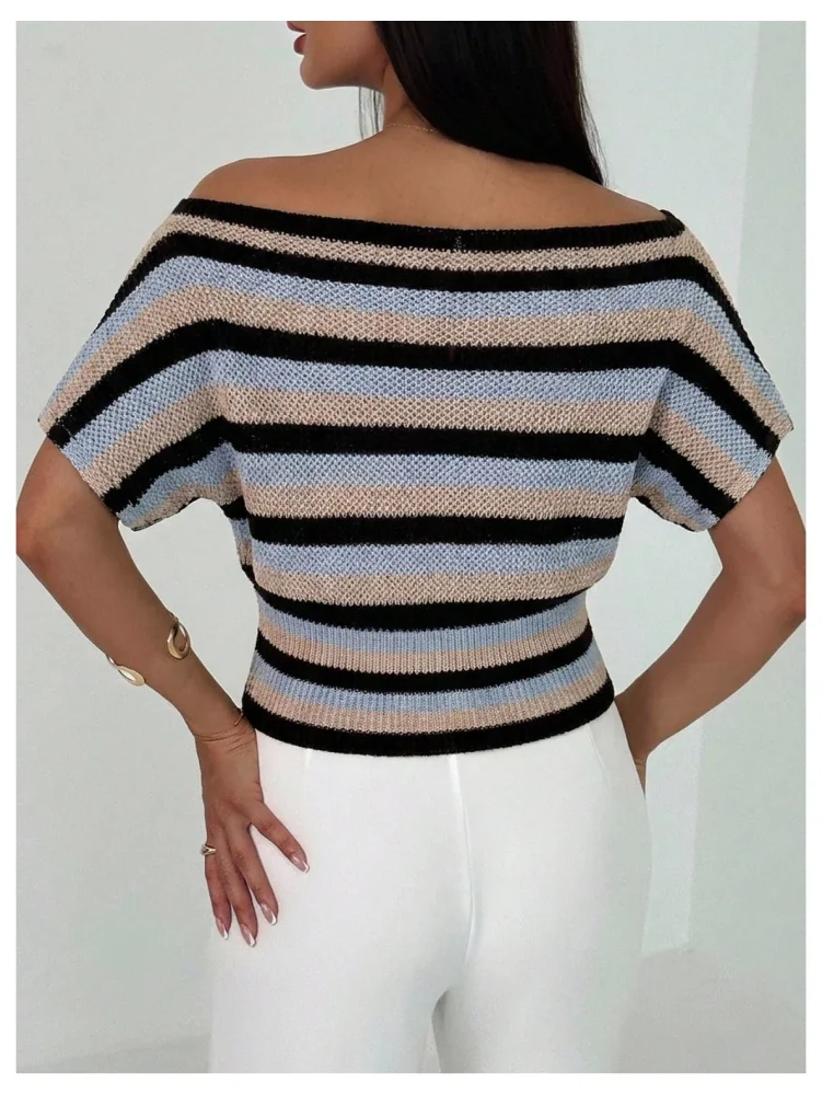MAKEMECHIC Striped One Shoulder Cinched Sweater, view 3
