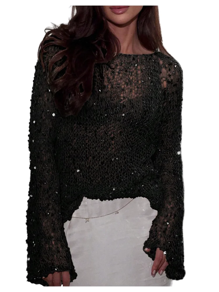 MAKEMECHIC Glitter Sequin Crochet Sweater