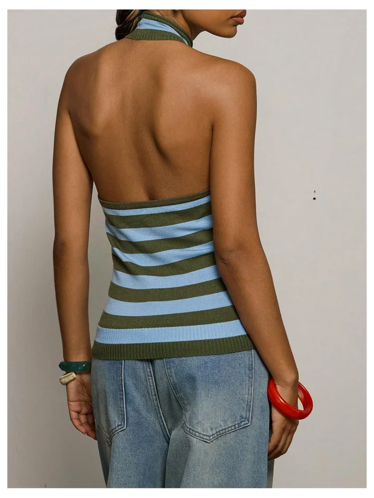 MAKEMECHIC Striped Open Back Sleeveless Halter Top, view 3