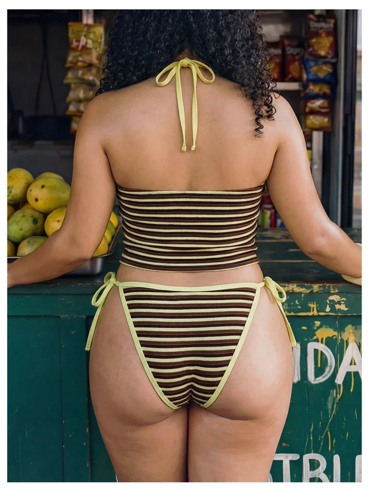 MAKEMECHIC Striped Tie Backless Tankini, view 3