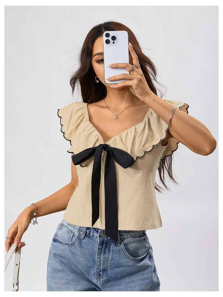 MAKEMECHIC Bow Tie Front Babydoll Blouse, view 3