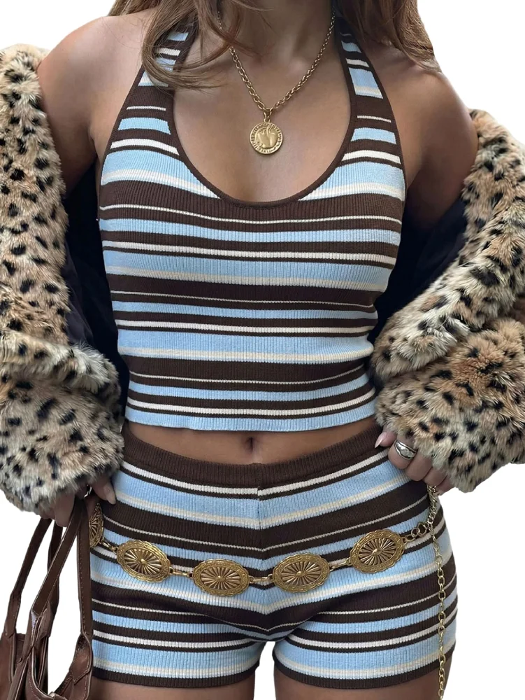 MAKEMECHIC Striped Crop Micro Shorts Set, sleeveless