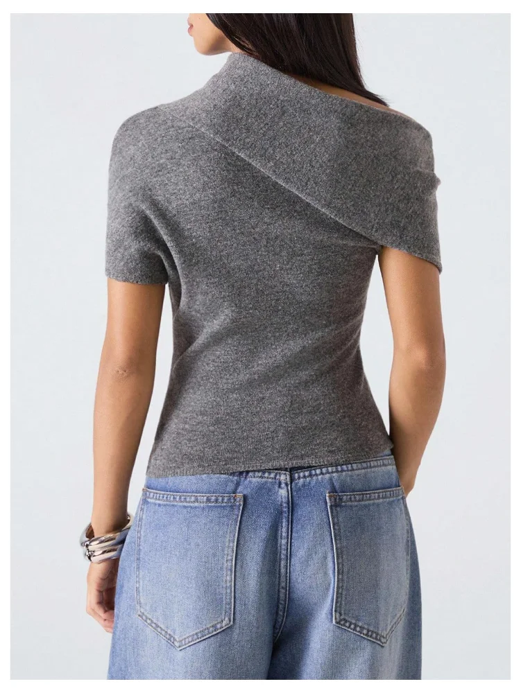 MAKEMECHIC Cropped Short Sleeve Asymmetrical Sweater, view 3