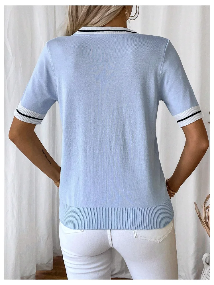 MAKEMECHIC Striped V-Neck Short Sleeve Sweater, view 3