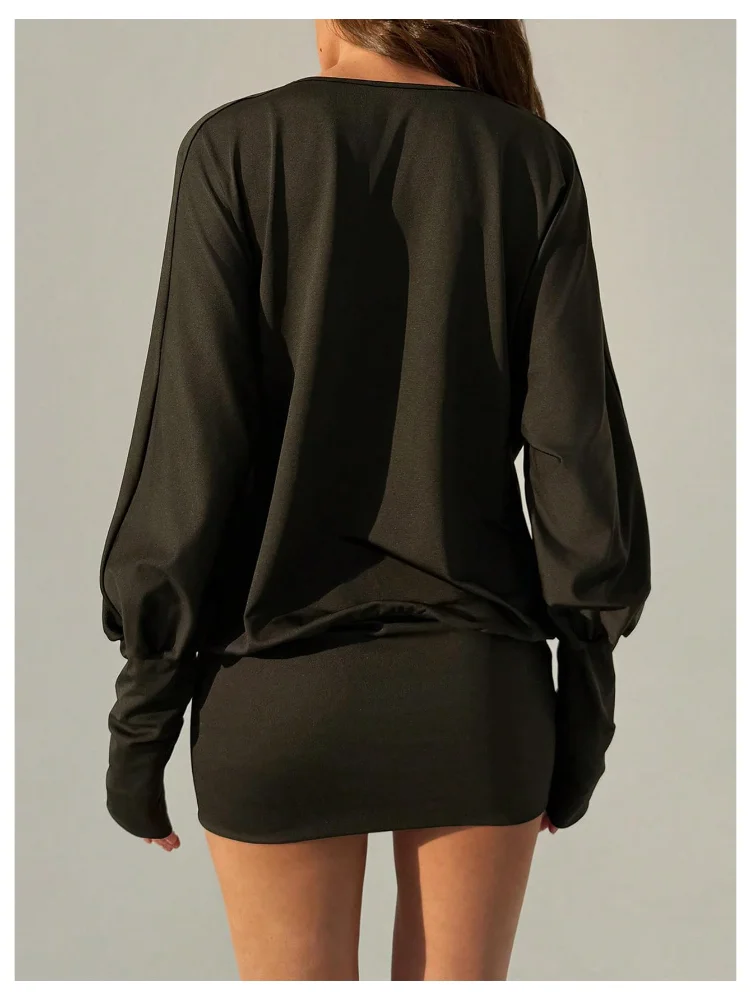 MAKEMECHIC Long Sleeve Cowl Neck Draped Mini Dress, view 2