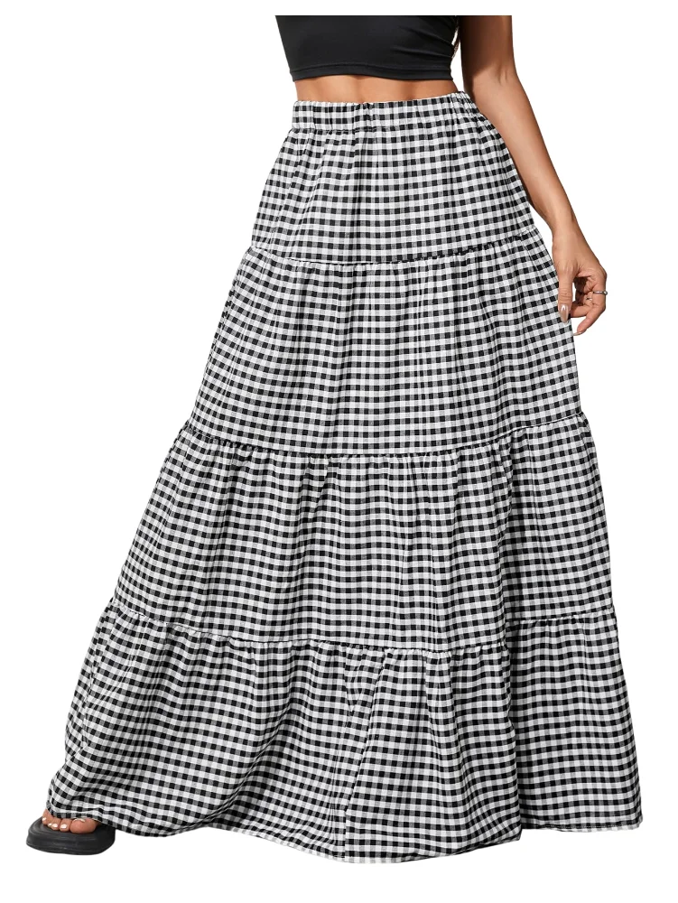 MAKEMECHIC Floral Plaid Ruffle Maxi Skirt
