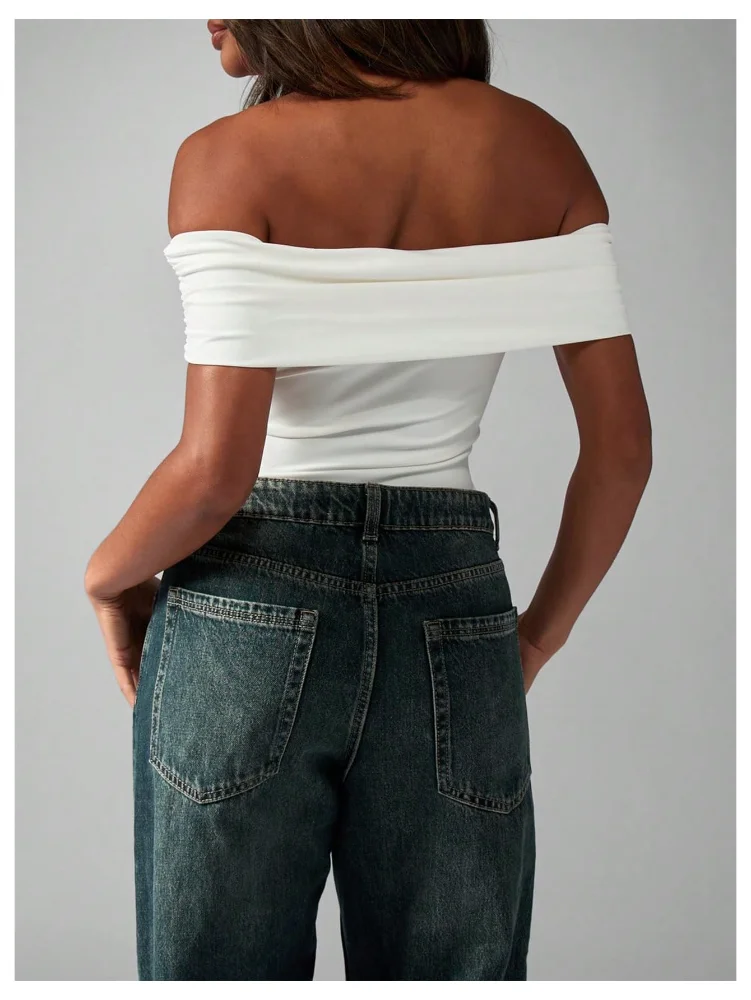 MAKEMECHIC Off The Shoulder Ruched Short Sleeve Shorts, view 3