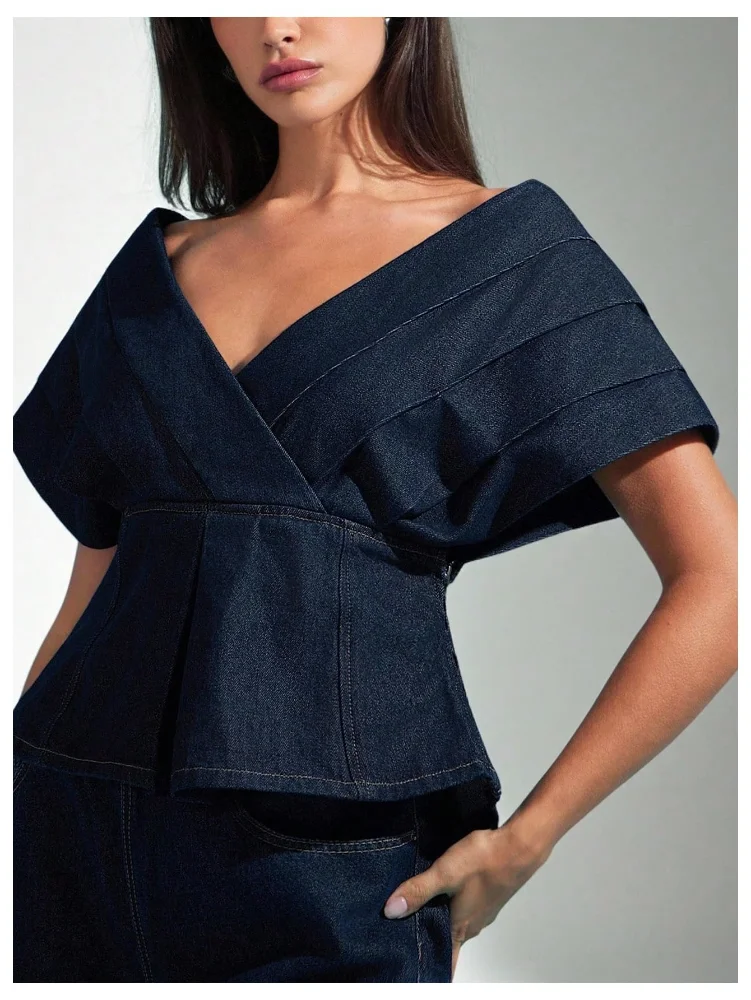 MAKEMECHIC Denim Wrap V-Neck Top, view 2