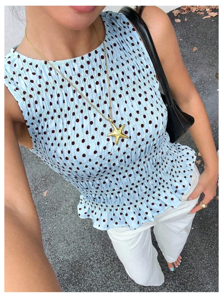MAKEMECHIC Polka Dot Sleeveless Shirred Tank Top, view 2