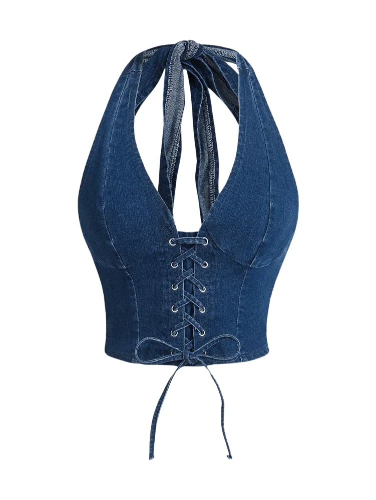 MAKEMECHIC Denim Backless Shirred Corset Top
