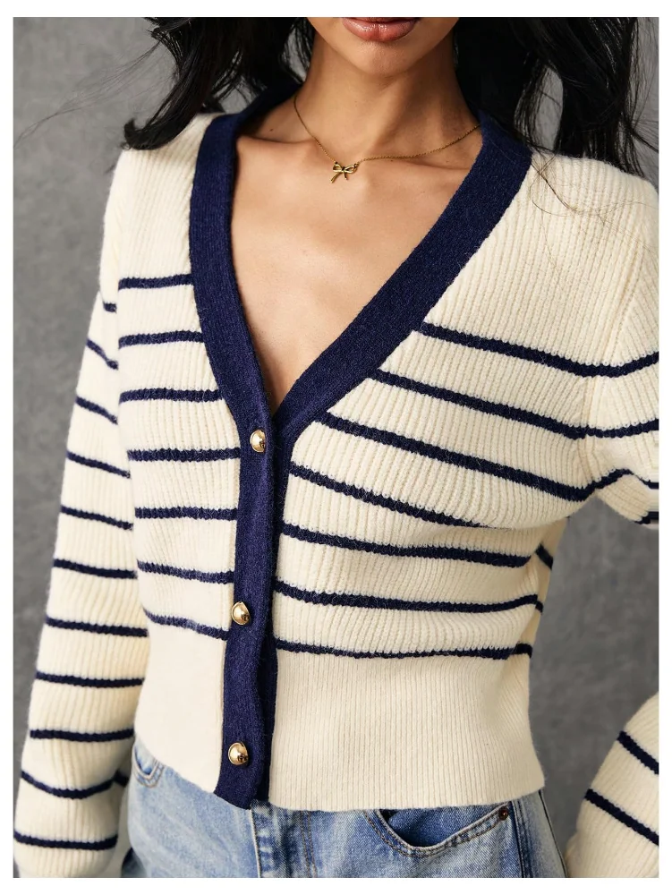 MAKEMECHIC Striped V-Neck Button Down Cardigan, view 2